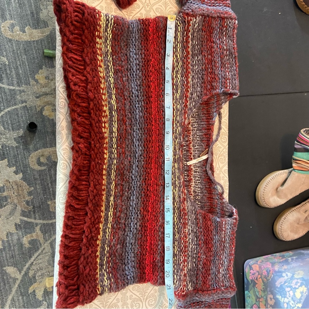 Free People Nordic Red Gray Striped Cropped Bell Sleeve Sweater Small S Chunky - Picture 4 of 14